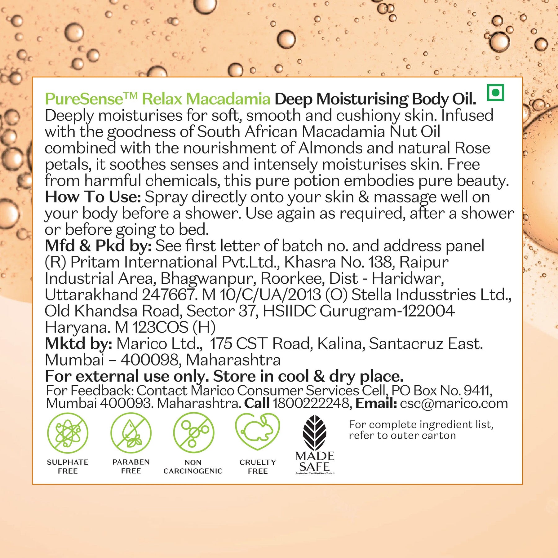 Relaxing Macadamia Deep Moisturising Body Oil | From the makers of Parachute Advansed | 100 ml