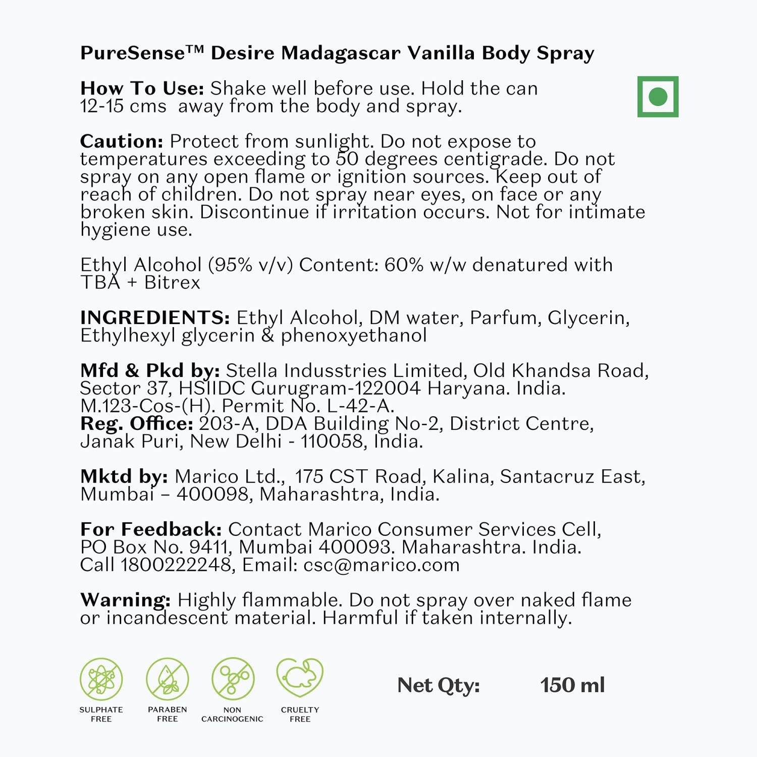 Desire Madagascar Vanilla Body Spray | Sulphate & Paraben Free | Safe For Skin | Unisex | 150ml