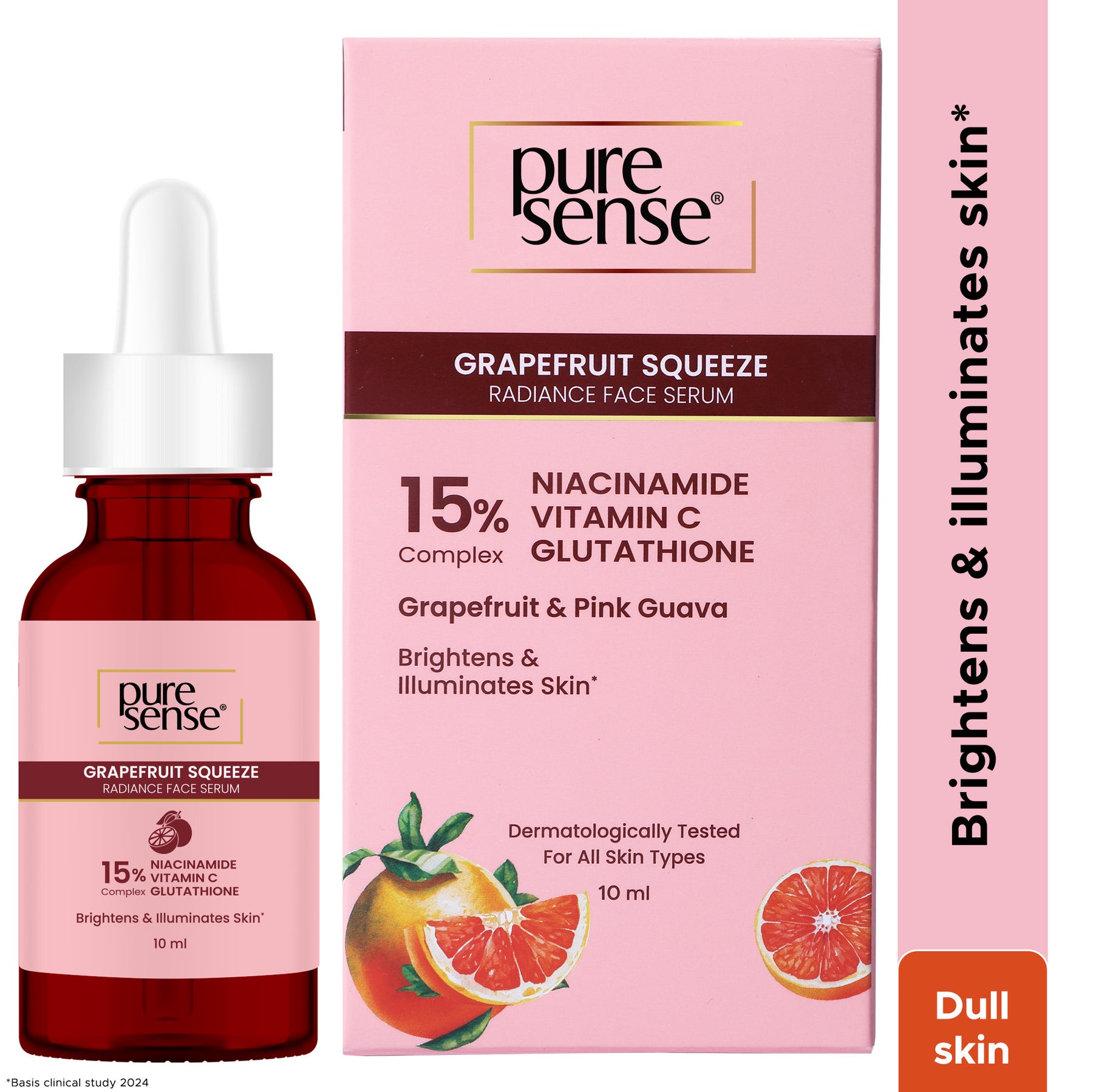 PureSense 15% Niacinamide, Vitamin C, Glutathione Radiant Face Serum with Grapefruit for Men and Women 10ml