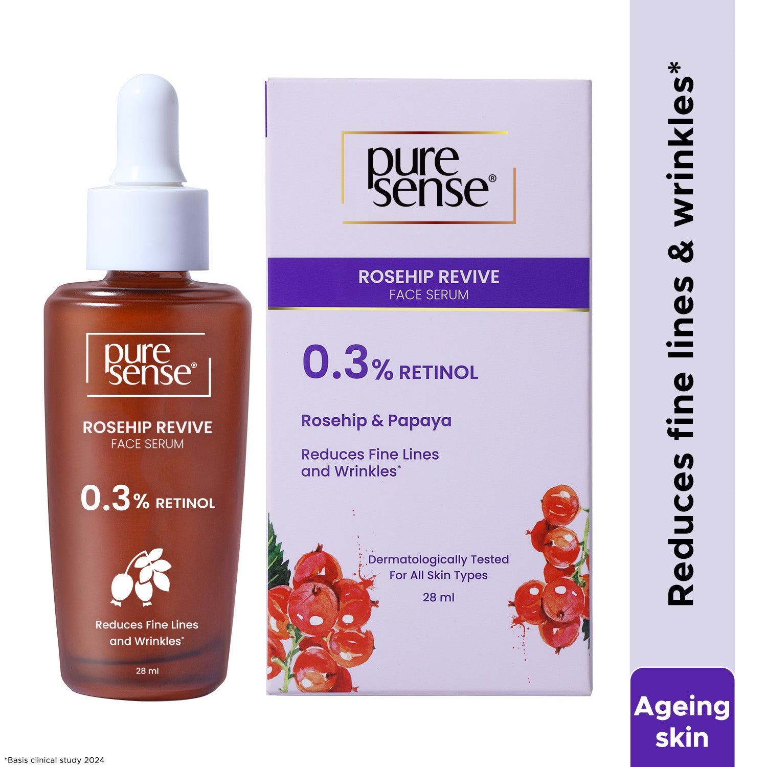 PureSense 0.3% Retinol Rosehip Face Serum for Anti Aging & Younger Looking Skin for Men and Women 28ml