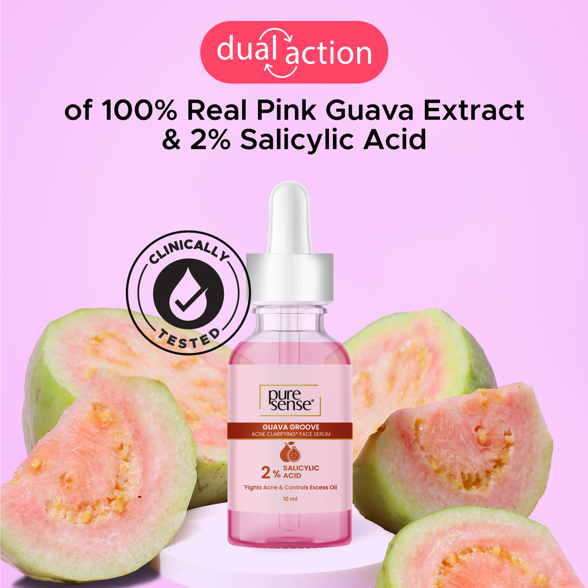 PureSense 2% Salicylic Acid Face Serum BHA Based Exfoliant Guava for Acne Prone Oily Skin for Men and Women 10ml